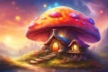 Fairytale mushroom house with flowers, cute colorful small elf cottage in forest with luminescent colors