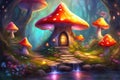 Fairytale mushroom house with flowers, cute colorful small elf cottage in forest with luminescent colors