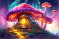 Fairytale mushroom house with flowers, cute colorful small elf cottage in forest with luminescent colors Royalty Free Stock Photo