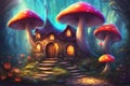 Fairytale mushroom house with flowers, cute colorful small elf cottage in forest with luminescent colors Royalty Free Stock Photo