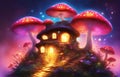 Fairytale mushroom house with flowers, cute colorful small elf cottage in forest with luminescent colors