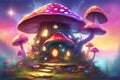 Fairytale mushroom house with flowers, cute colorful small elf cottage in forest with luminescent colors Royalty Free Stock Photo