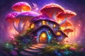 Fairytale mushroom house with flowers, cute colorful small elf cottage in forest with luminescent colors Royalty Free Stock Photo