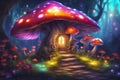 Fairytale mushroom house with flowers, cute colorful small elf cottage in forest with luminescent colors Royalty Free Stock Photo