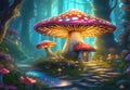 Fairytale mushroom house with flowers, cute colorful small elf cottage in forest with luminescent colors Royalty Free Stock Photo