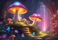 Fairytale mushroom house with flowers, cute colorful small elf cottage in forest with luminescent colors Royalty Free Stock Photo