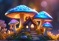 Fairytale mushroom house with flowers, cute colorful small elf cottage in forest with luminescent colors Royalty Free Stock Photo