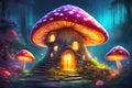 Fairytale mushroom house with flowers, cute colorful small elf cottage in forest with luminescent colors