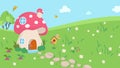 Fairytale mushroom house on green floral meadow. Magic tale location, cartoon landscape with bird, tiny dwarf home and Royalty Free Stock Photo