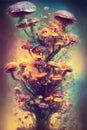 Fairytale mushrooms background, giant colorful mushrooms illustration