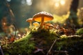 Fairytale mushrooms growing in green moss in sunny magical forest Royalty Free Stock Photo