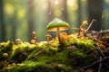 Fairytale mushrooms growing in green moss in sunny magical forest Royalty Free Stock Photo