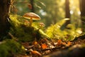 Fairytale mushrooms growing in green moss in sunny magical forest Royalty Free Stock Photo