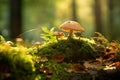 Fairytale mushrooms growing in green moss in sunny magical forest Royalty Free Stock Photo