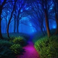 fairytale mystical The dark trees are illuminated by multicolored psychedelic