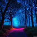 fairytale mystical The dark trees are illuminated by multicolored psychedelic