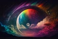 Magical tale background with moon clouds, tree, rainbow. Fairytale night astronomy starry night landscape. Generative