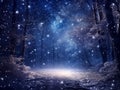 Fairytale night forest covered with snow in the moonlight. Winter landscape. New Year concept