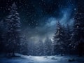 Fairytale night forest covered with snow in the moonlight. Winter landscape. New Year concept