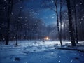 Fairytale night forest covered with snow in the moonlight. Winter landscape. New Year concept