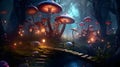 fairytale night forest with glowing giant mushrooms, generative ai