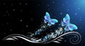 Fairytale night sky with magical blue butterflies and floral ornament and stars. Fantasy sparkle background