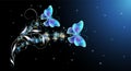 Fairytale night sky with magical blue butterflies and floral ornament and stars. Fantasy sparkle background