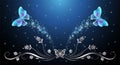 Fairytale night sky with magical blue butterflies and floral ornament and stars. Fantasy sparkle background