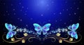 Fairytale night sky with magical blue butterflies and floral golden ornament and stars. Fantasy sparkle background