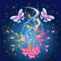 Fairytale night sky with magical butterflies and floral golden ornament and stars. Fantasy sparkle background