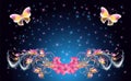 Fairytale night sky with magical butterflies and floral golden ornament and stars. Fantasy sparkle background Royalty Free Stock Photo