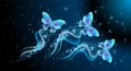 Fairytale night sky with magical butterflies with sparkling trail and glowing stars. Fantasy sparkle blue background