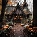 Fairytale old house on dark autumn forest with Halloween pumpkins decor