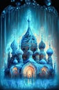 Fairytale ornate dark blue illustration of temple or church, glowing magic background