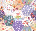 Fairytale patchwork pattern. Flowers, trees and magic town with cup on the hill. Seamless print for fabric