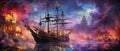 fairytale pirate ghost ship in burning city Royalty Free Stock Photo