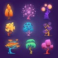 Fairytale plants. Magic tree glowing effects fantasy gardening symbols collection exact vector fairytale illustrations