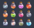 Fairytale poisons. Chemical alchemy colored bottles with liquid poison exact vector fantasy pictures set