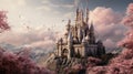 Fairytale Princess Castle with dense pink bushes,mountain,fluffy cloud on sky,Cartoon Dreamy Fantasy world landscap with magic