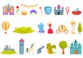 Fairytale princess castle icons set cartoon vector. Fairy monument