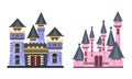 Fairytale Princess Castle Towers Set, Colorful Medieval Mansion Facades Cartoon Vector Illustration Royalty Free Stock Photo