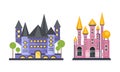 Fairytale Princess Castle Towers Set, Medieval Palace Facades Cartoon Vector Illustration Royalty Free Stock Photo