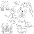 Fairytale princess, knight, castle, carriage, unicorn, crown, dragon, cat and butterfly