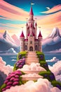 Fairytale princess pink castle on the mountain Royalty Free Stock Photo