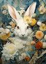 Fairytale rabbit surrounded by flowers. Gorgeous illustrations of characteristic animal portraits in the style of