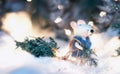 A fairytale rat in a fur coat carries a Christmas tree from a magical fairytale forest lit by lanterns. Magical New Year Christmas Royalty Free Stock Photo