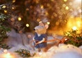 A fairytale rat in a fur coat carries a Christmas tree from a magical fairytale forest lit by lanterns. Royalty Free Stock Photo