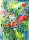 Fairytale scarlet flower from a fairy tale, plein air watercolor sketch, watercolor flowers and a hummingbird bird