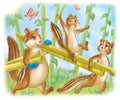 Three cartoon chipmunks with stalks of bamboo Royalty Free Stock Photo