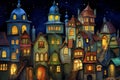 Fairytale scene with old town at night - illustration for children